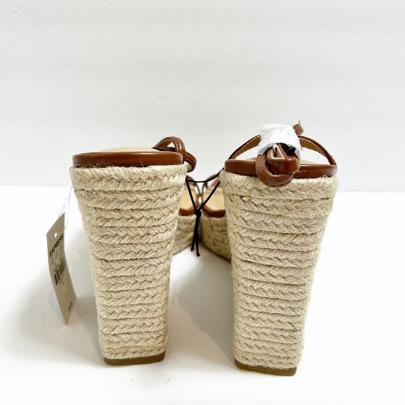 EXPRESS STRAPPY WEDGE SQUARE TOE WOMEN SANDALS COGNAC SIZE 9 BRAND NEW - Picture 4 of 5